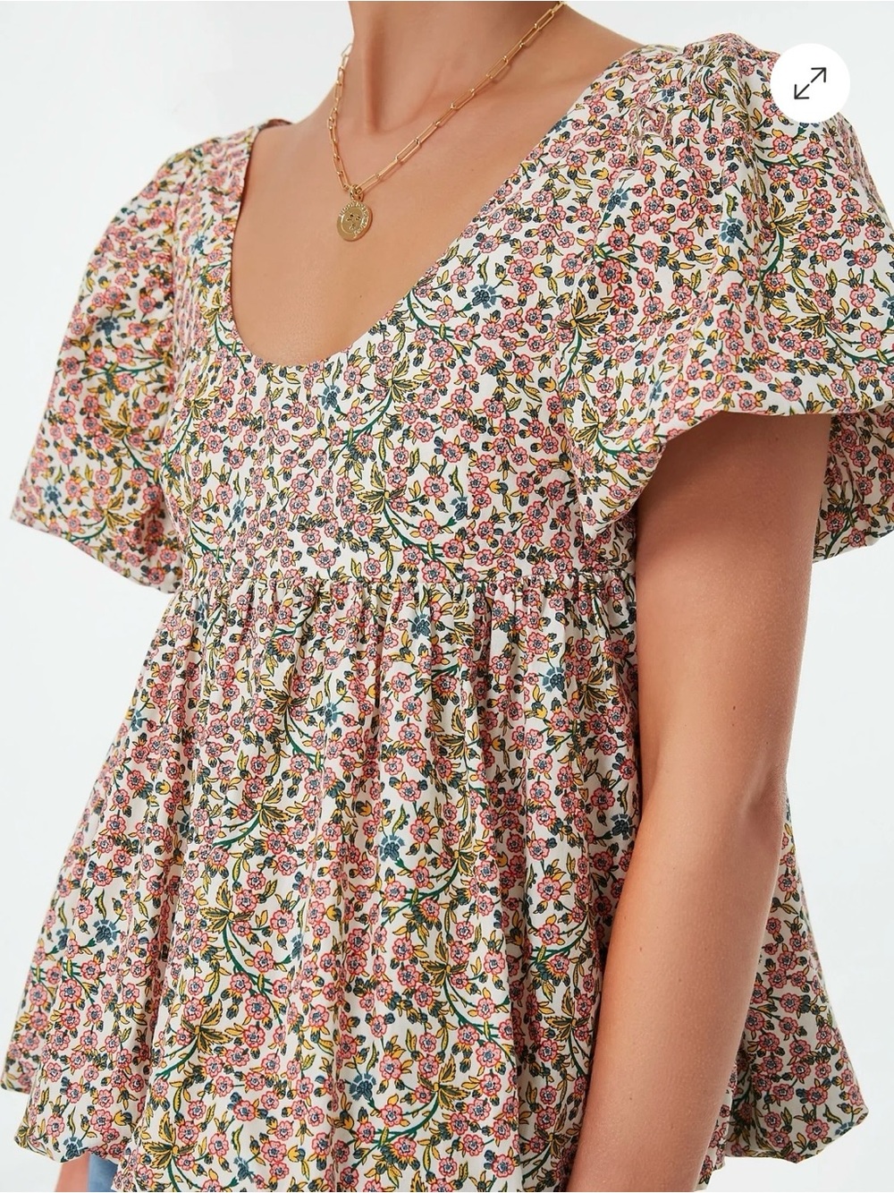 Floral Puff Sleeve Smocked Scoop Neck Virginia Blouse